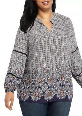 New Directions Flowy Peasant Tunic Blouse Blue Print Women’s Plus Size 1X NWT